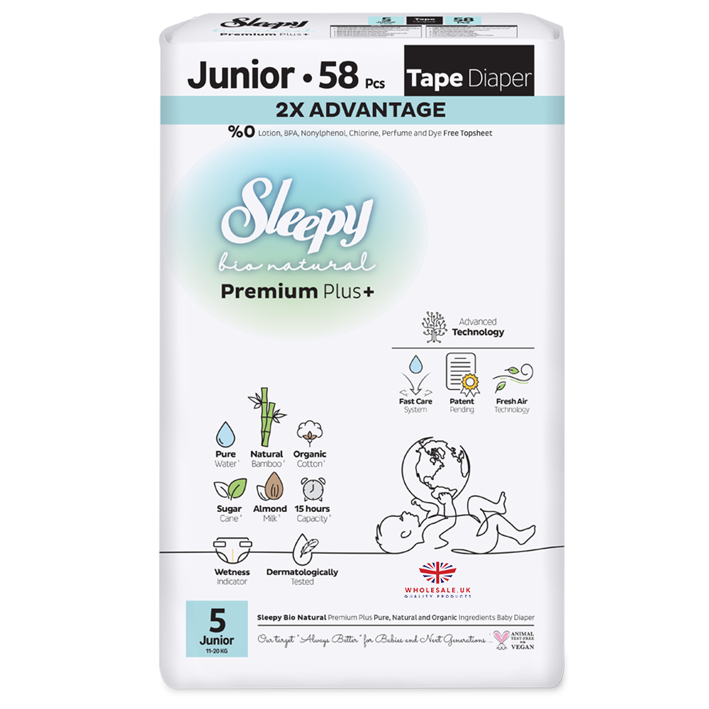Sleepy Baby Nappies Size 5 Junior 11–20kg 1 x 58pcs Sleepy Bio Natural – soft eco-friendly baby diapers product image
