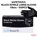 SAFETOUCH Black Nitrile Powder-Free Gloves (10 x 100 pcs, Large) – product image of durable large-size black disposable nitrile gloves, powder-free
