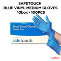 SAFETOUCH Blue Vinyl Powder-Free Gloves (10 x 100 pcs, Medium) – product image of medium-size blue disposable vinyl gloves, powder-free
