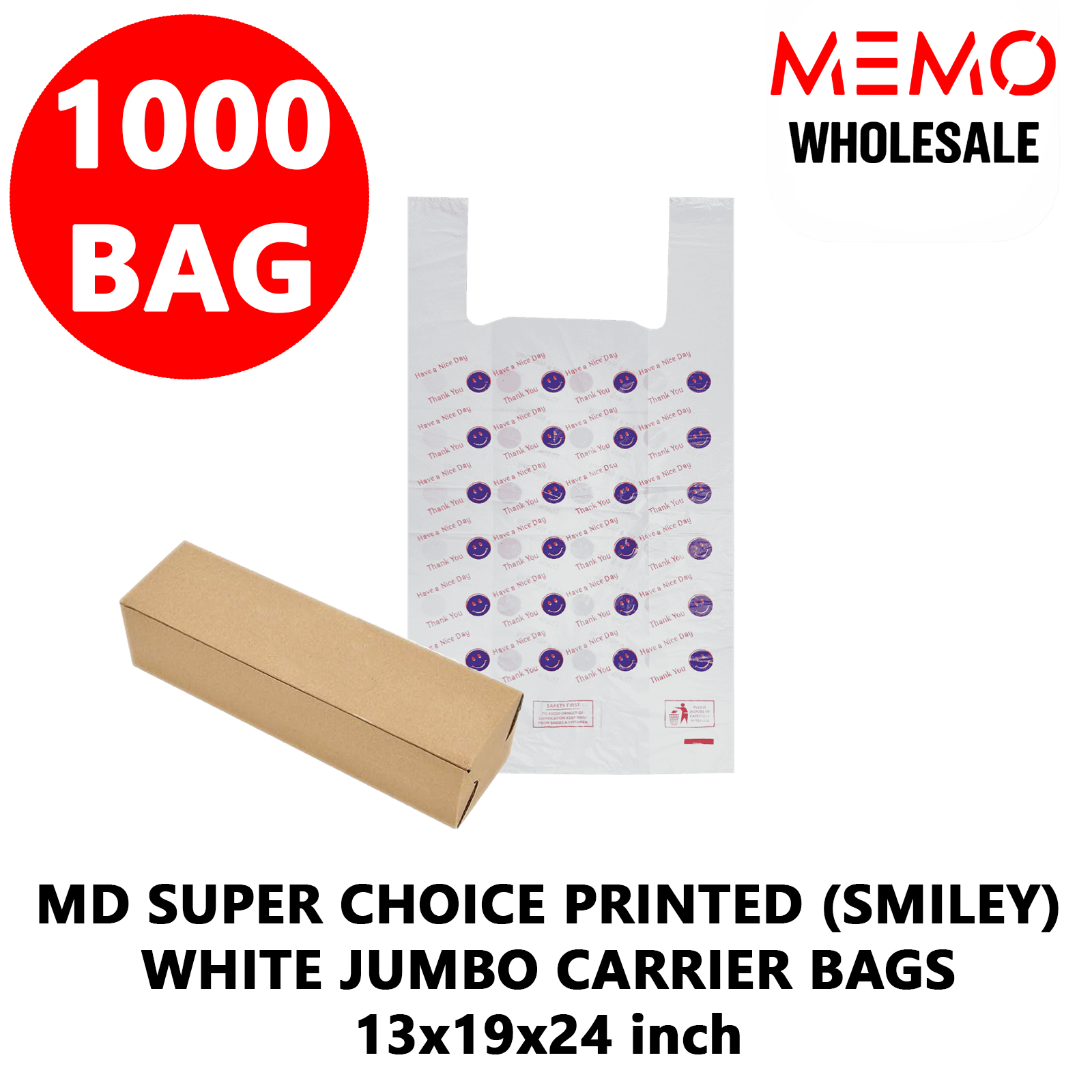 MD SP PRINTED WHITE JUMBO CARRIER BAGS (SMILEY)